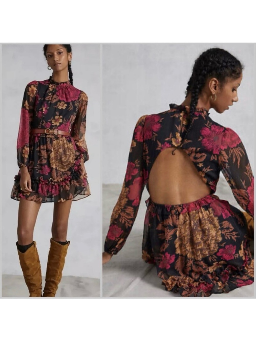 NWT Anthropologie Floral Ruffle Long-Sleeve Mini Dress - Black & Pink